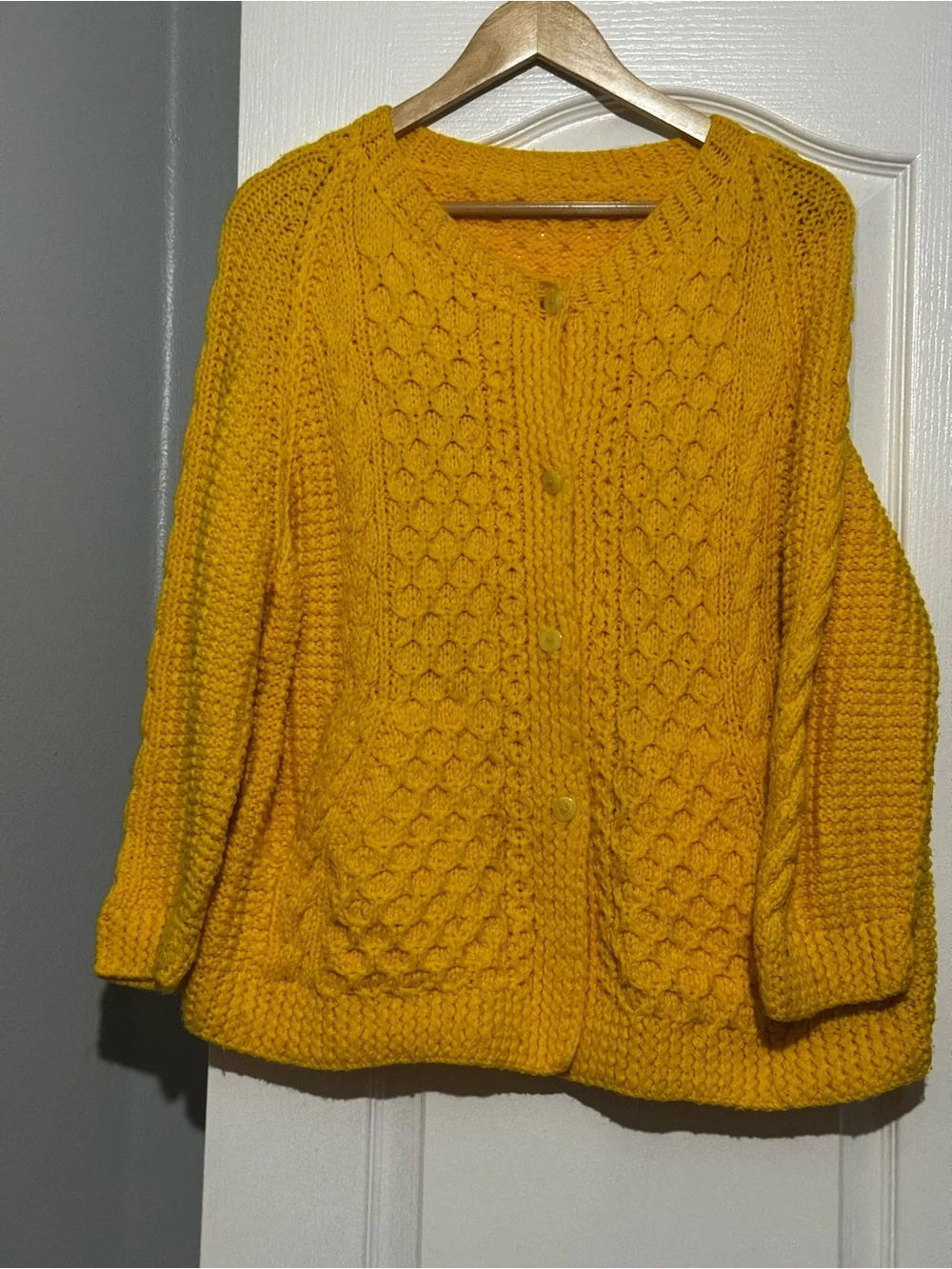 Vintage Plus Size Chunky Knit Button-Front waffle knit Sweater Cardigan - Yellow